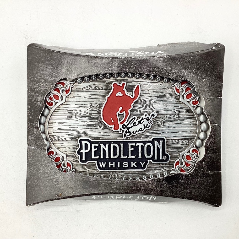 Pendleton Whisky 'Let'er Buck' Belt Buckle, Silver & Red